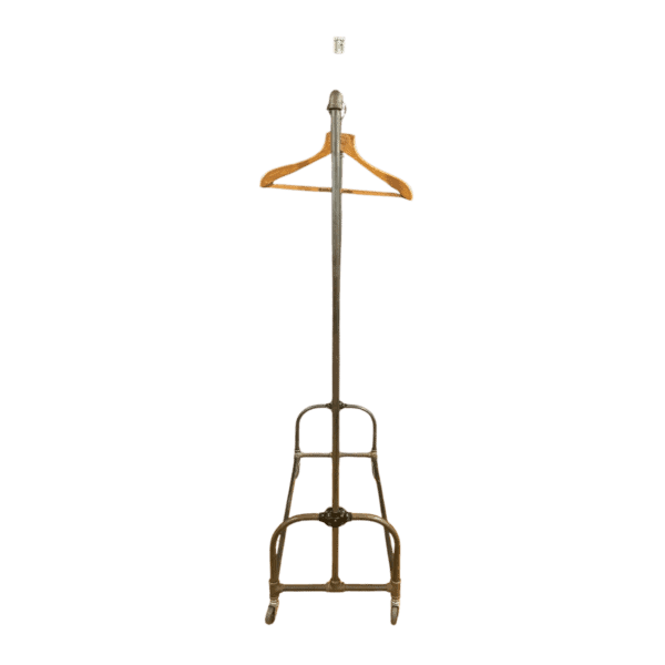 Side view of vintage-style rolling garment rack