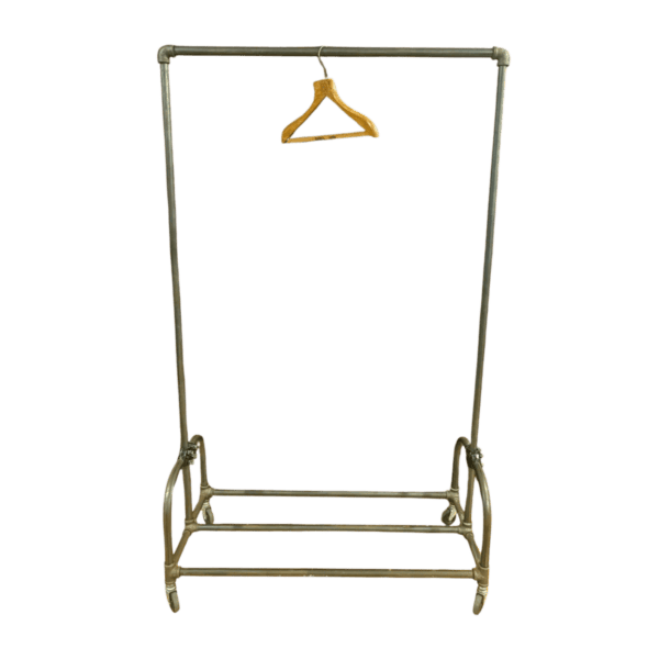 Front view of industrial garment rack with wooden hanger