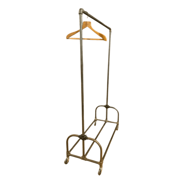 Three-quarter angle of handmade black pipe garment rack