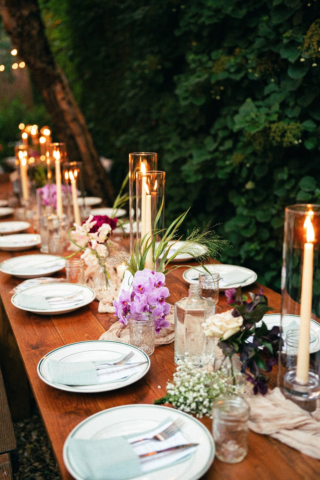 Wooden Farm Tables for Garden Wedding Reception at Milk and Roses Bistro in Greenpoint Brooklyn