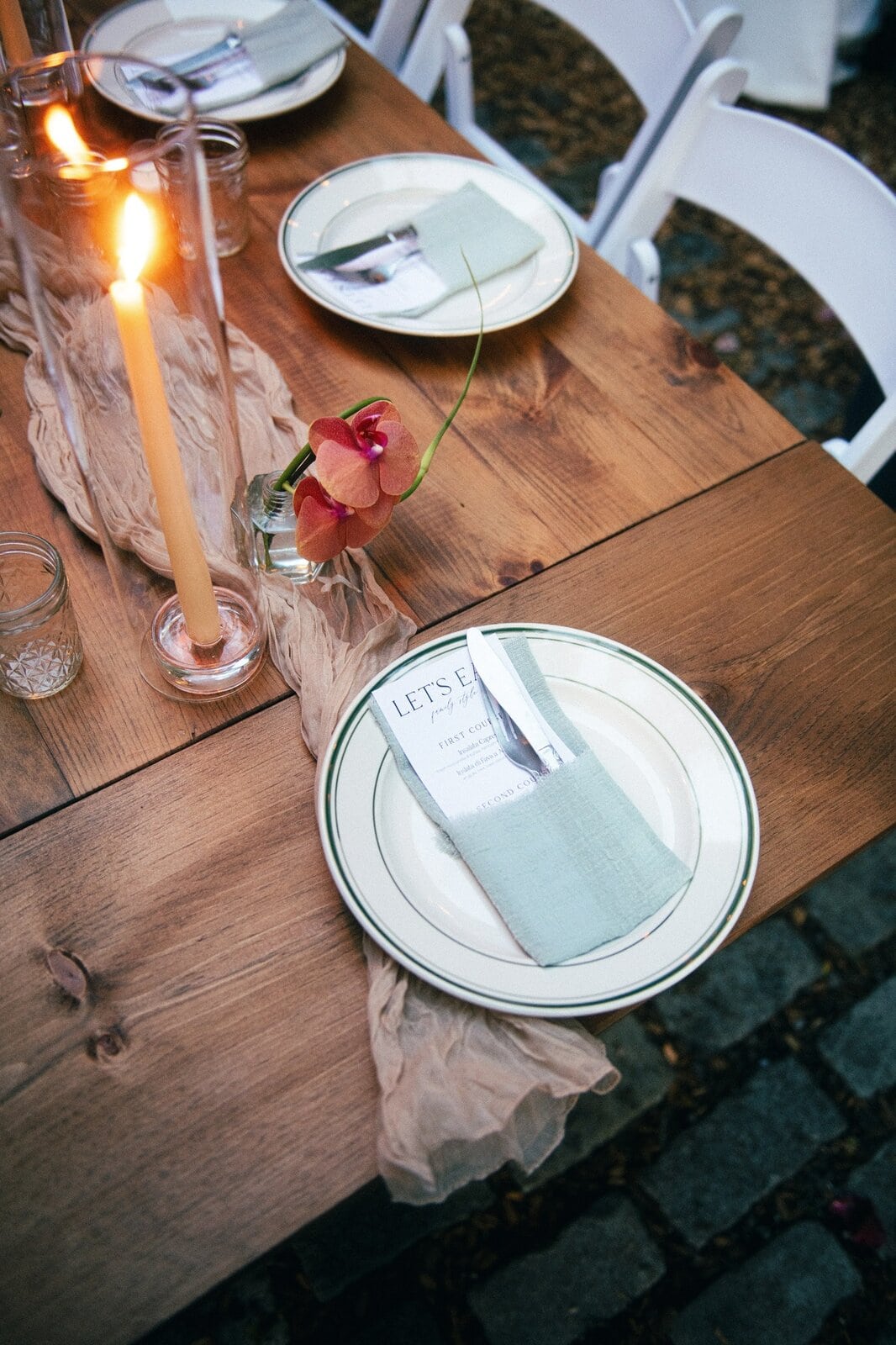 Wooden Farm Tables for Garden Wedding Reception at Milk and Roses Bistro in Greenpoint Brooklyn