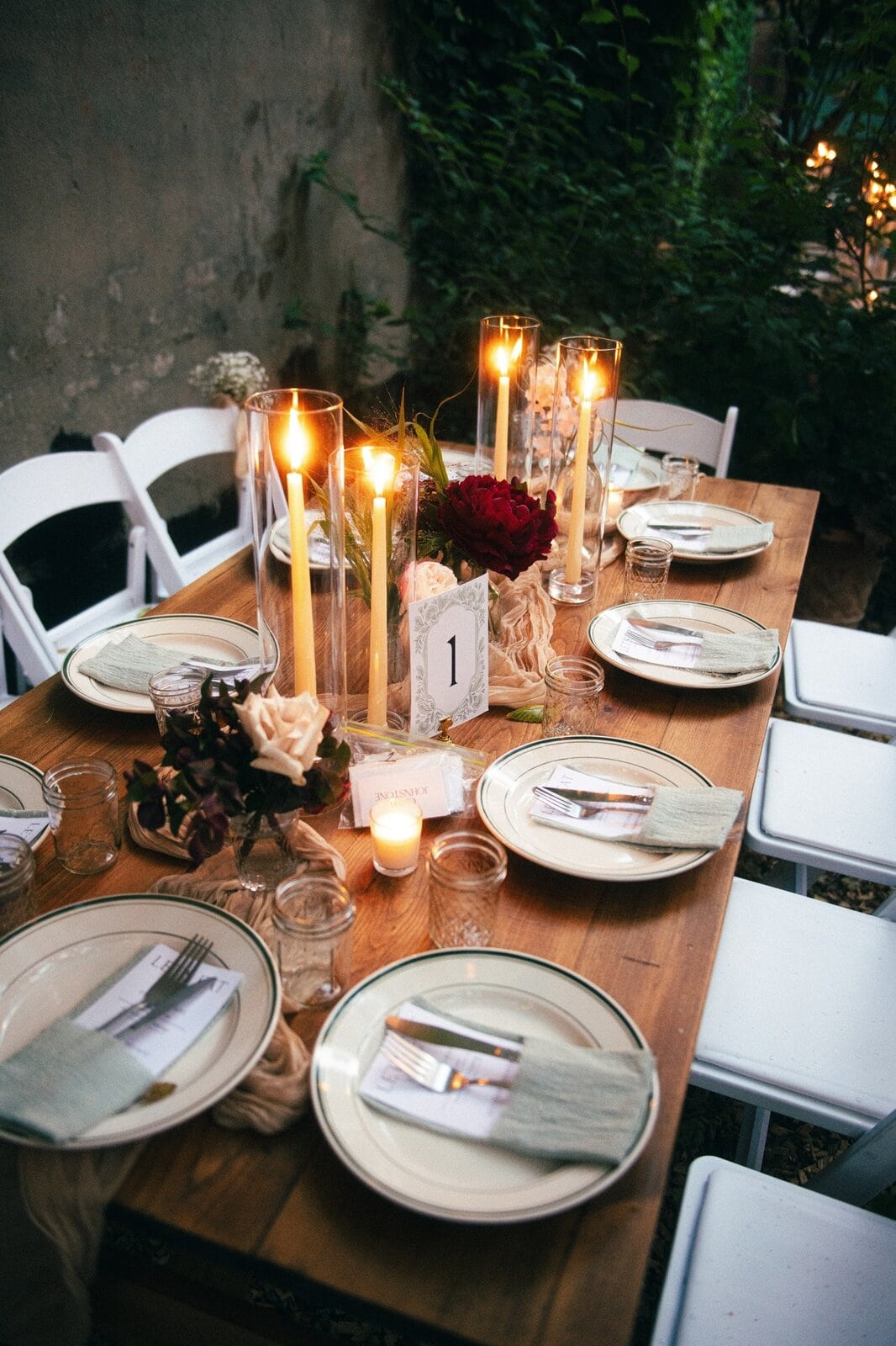 Wooden Farm Tables for Garden Wedding Reception at Milk and Roses Bistro in Greenpoint Brooklyn