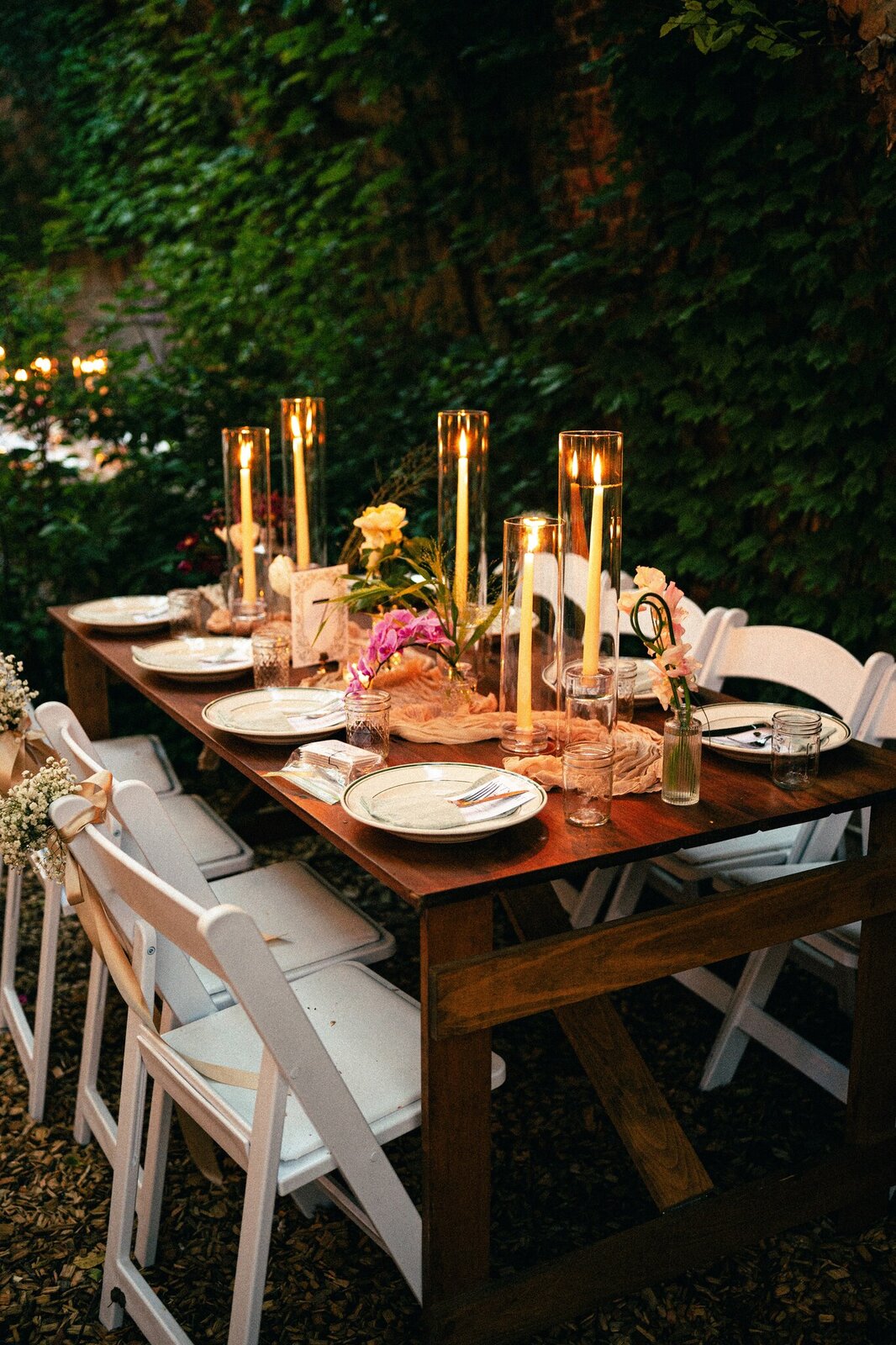 Wooden Farm Tables for Garden Wedding Reception at Milk and Roses Bistro in Greenpoint Brooklyn